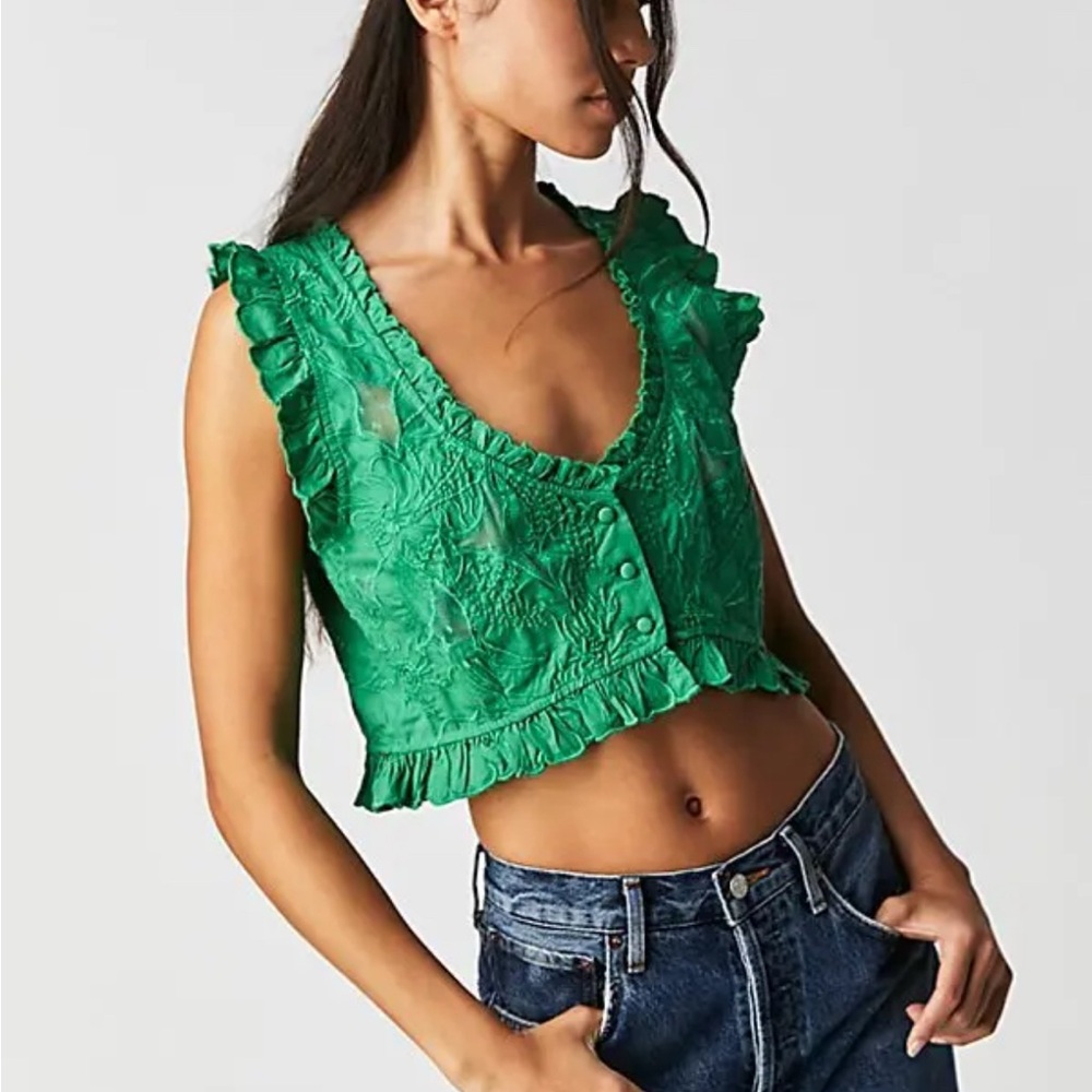 Free People All The Ways Top Cropped Button Up Grass Green Size Large NWT
